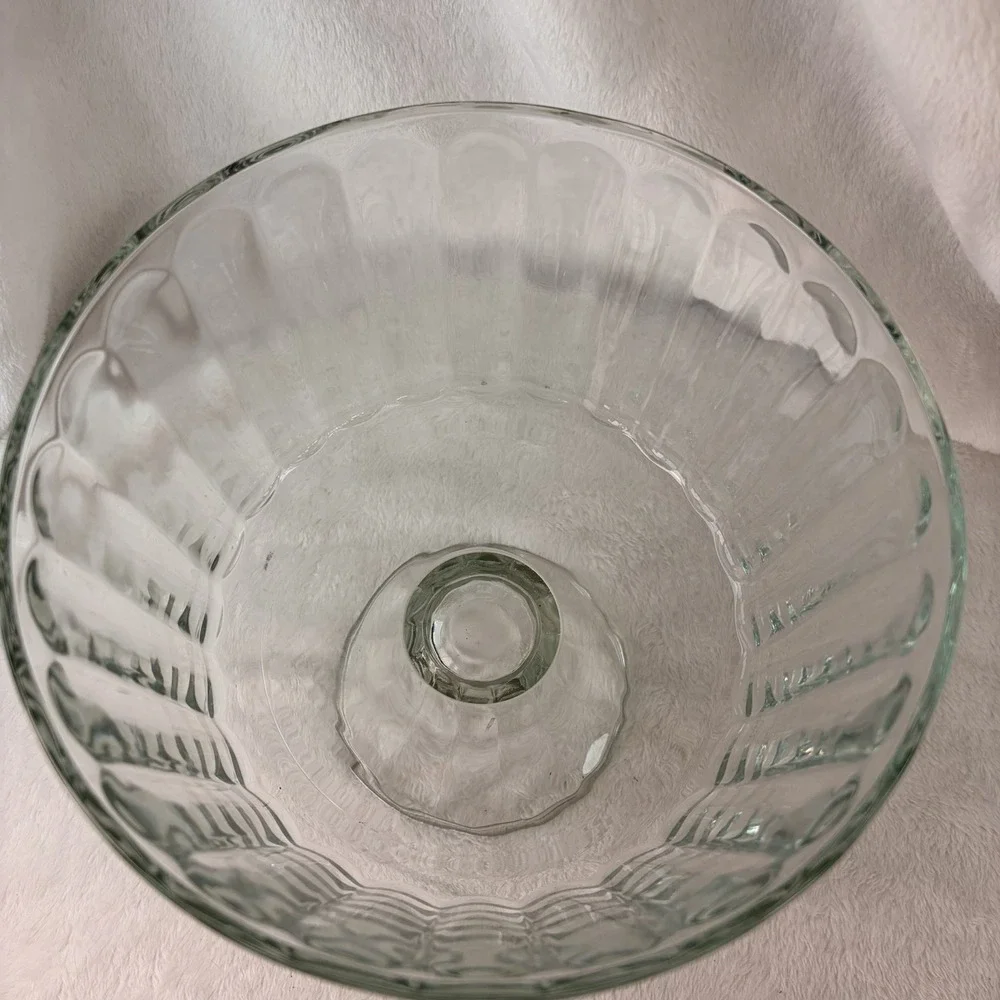 Vintage 70s Ribbed Clear Glass Trifle Bowl Footed Pedestal Base Retro Fluted EVC